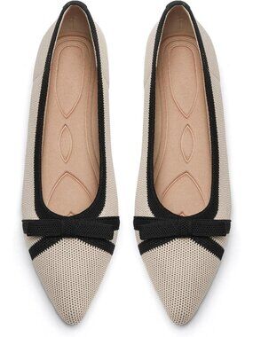 Women's Beige And Black Comfortable Pointed Toe Knit Foldable Ballet Flat Shoes